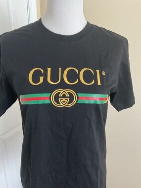 Gucci Black Tee with Gold Logo and Green-Red Stripe